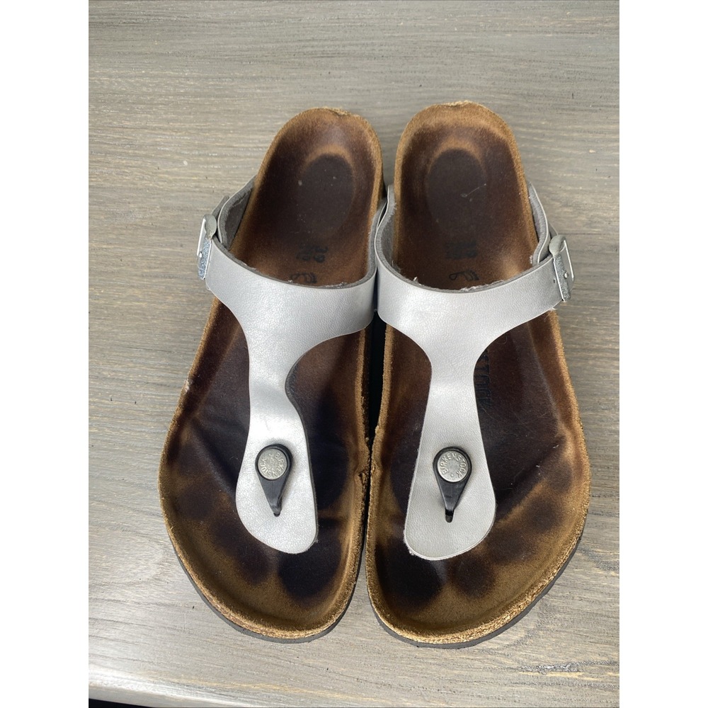 Birkenstock Gizeh Silver Metallic Birko-Flor Thong Sandals Women 39 US8 M6 - Picture 6 of 9